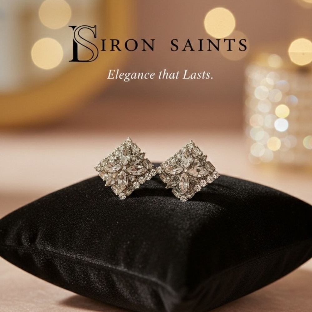 Iron Saints Sparkling Cubic Zirconia Crystal Diamond-Shaped Stud Earrings - New